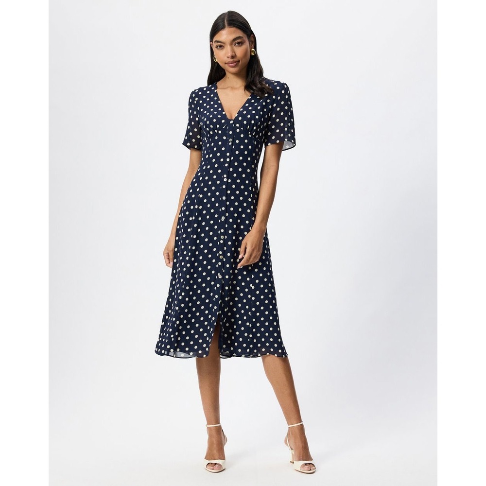 Reformation Chiffon Lise Orion Dot Polka Dot Midi Dress Navy Size 6 V Neck
